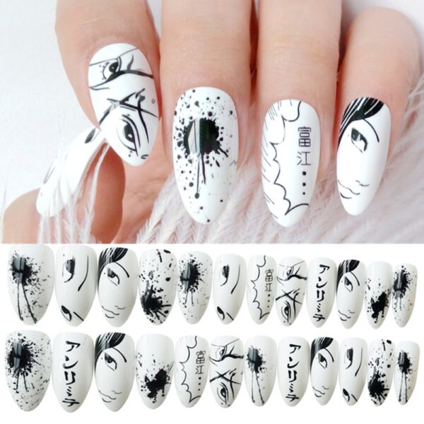 24Pcs Glossy Black and White Anime Short Stiletto Nails