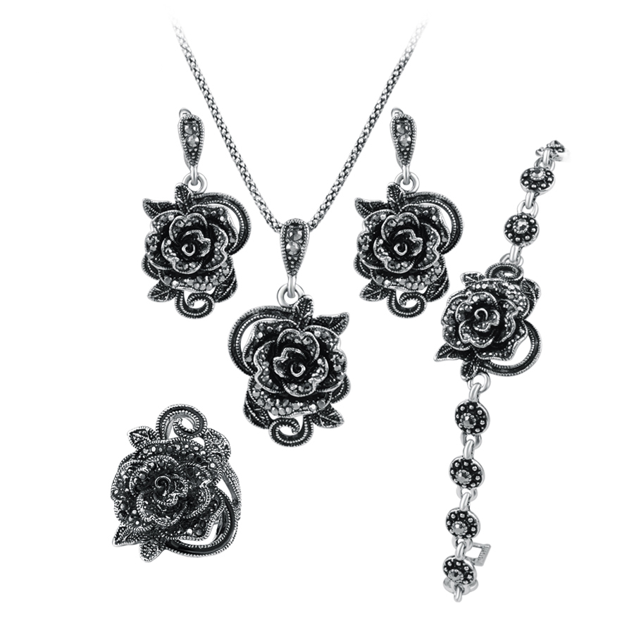 Crystal Rose Ring, Necklace, Earrings and Bracelet Set